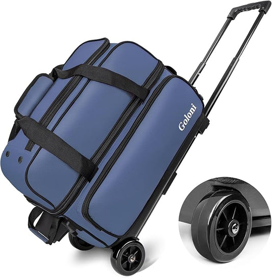 Goloni Double Roller 2 Ball Bowling Bag with Separate Shoe Compartment,2 Ball Bowling Bag with Wheels,Retractable Handle Extends to 40"
