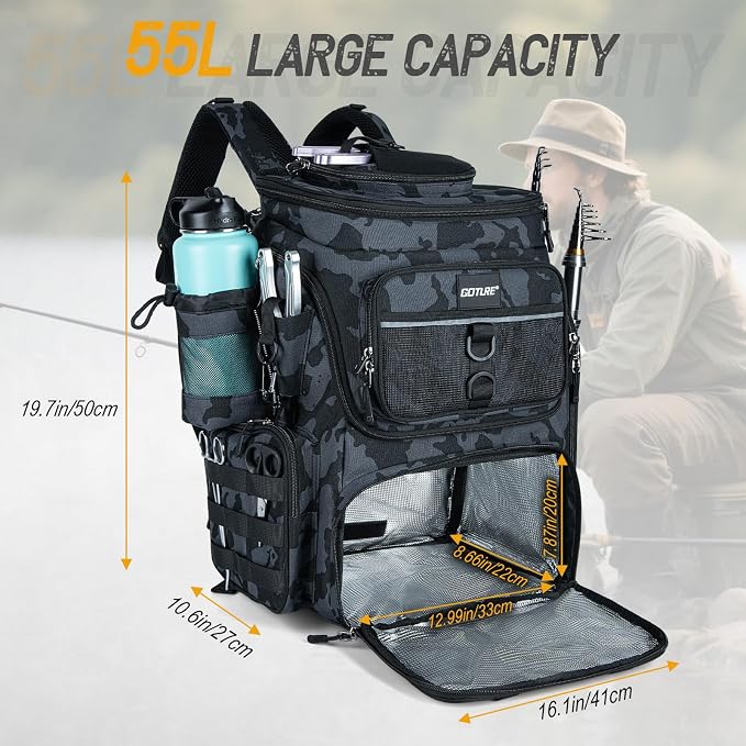 Goture Fishing Backpack, 900D Water-Resistant Tackle Bag with Rod Holders, Insulated Cooler Compartment, 55L Large Capacity Fishing Gear Storage for Saltwater&Freshwater Camping Hiking,Gifts for Men