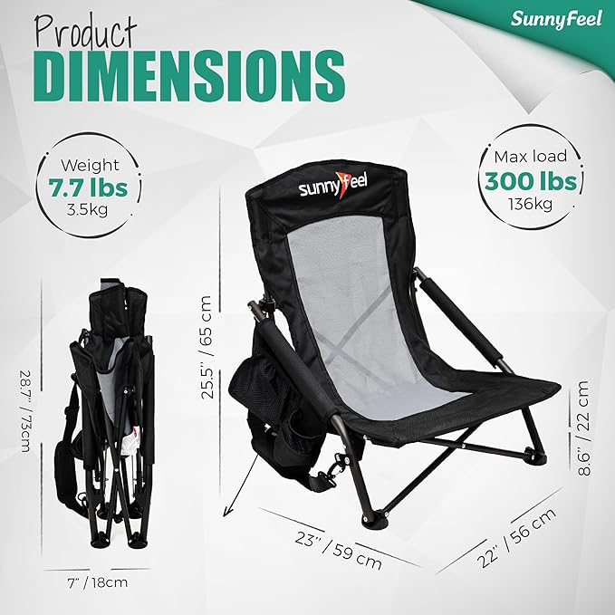 SUNNYFEEL Low Beach Chair 2 Pack, High Back Folding Beach Chairs for Adults with Cup Holder & Side Pocket, Lightweight Backpack Sand Chair Portable for Beach Camping Concert Lawn