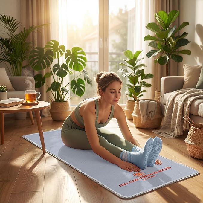 Upgraded Yoga Mat Towel with Bonus Grip Socks Lavender Gray | Elegant Embroidered, 1-Second Sweat Absorption & Non-Slip | Machine Washable Microfiber | Hot Yoga, Pilates | 73''*27.6''