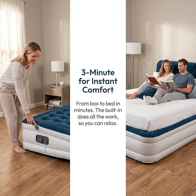 Air Mattress Queen with Built in Pump Comfortable Waterproof Flocked Surface Blow up mattresses for Temporary Family Stays and Travel,16-Inch Blow Up Mattress Inflates in 3 Minutes