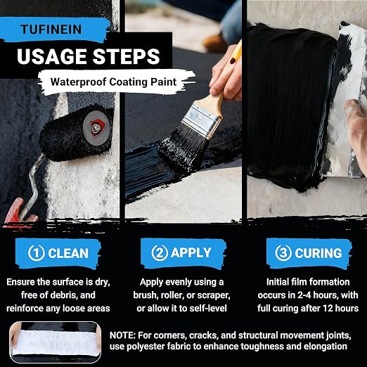 Rubber Liquid Waterproof Sealant, TUFINEIN 11 LB/5 KG Black Quick Drying Multi Surface Foundation Leak Repair - Roof Gutters Basement Sealer Waterproof - Indoor & Outdoor Flexible Rubber Paint