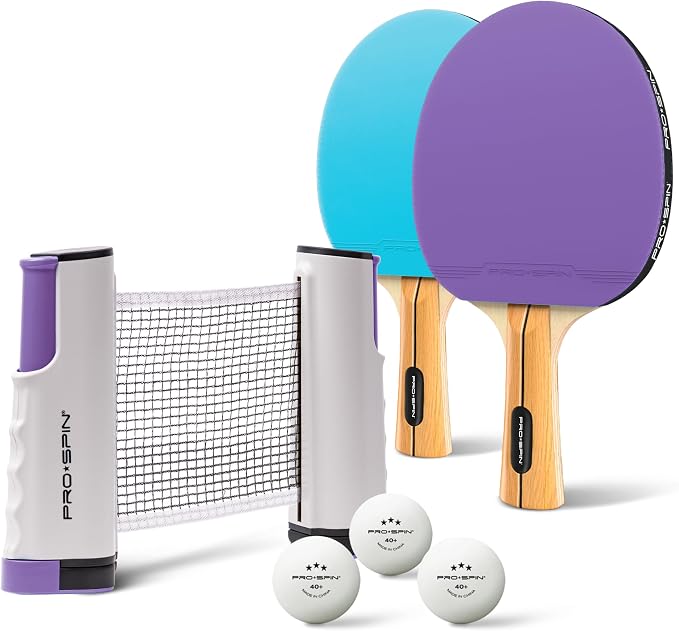 PRO-SPIN Portable Ping Pong Set with Retractable Ping Pong Net for Any Table, All-in-One Table Tennis Set with Ping Pong Paddles, Balls & Case, Table Top Family Game