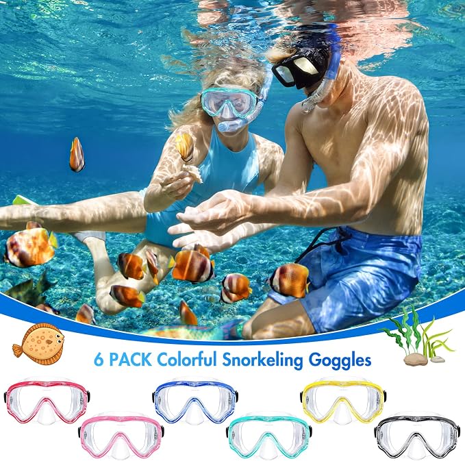 LEIFIDE 6 Pack Adult Snorkel Swim Mask Bulk Diving Mask Swim Goggles Silicone Anti Fog Swimming Goggles with Nose Cover Wide View Tempered Glass Dive Mask Anti Leak Pool Goggles for Youth Man Woman