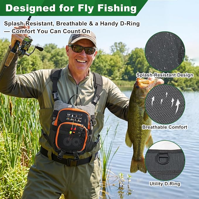 Fly Fishing Chest Pack with Workstation, Lightweight Adjustable | Holds Multiple Fly Boxes, Back Net Holder, 2 Removable Foam Fly Holders