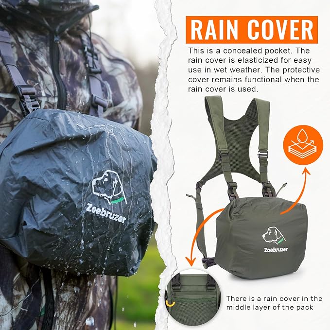 Binocular Harness Chest Pack, Bino Harness Bag with Rangefinder Pouch & Rain Cover, Molle System Multifunction Hunting Pack