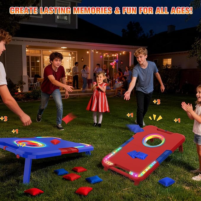VATOS Portable Cornhole Board Set with LED Lights & Sound Effects, Scoring, Foldable - 2 Boards & 8 Bean Bags for Backyard, Camping, Tailgate Parties, Outdoor Cornhole Games for Kids and Adults Family