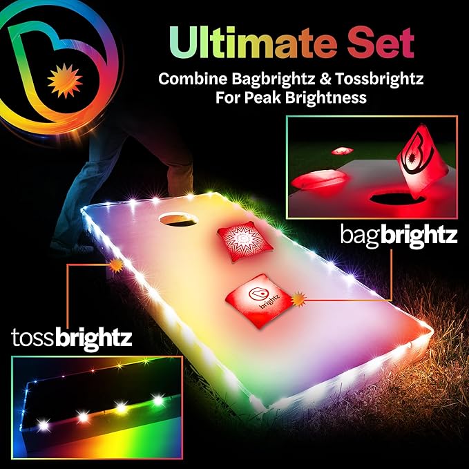 Brightz Cornhole Board Edge Lights with LED Bags - Includes 4-Pack of LED Cornhole Bags + TossBrightz Cornhole Board Edge Lights - The Ultimate Night Time Cornhole Master Set