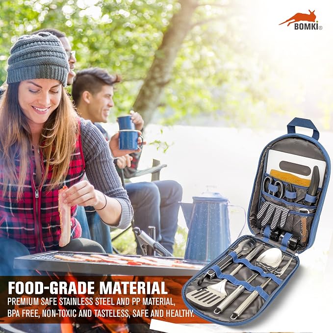 BOMKI Grilling & Camping Cooking Utensils Set - BBQ & Camping Kitchen Set with Case