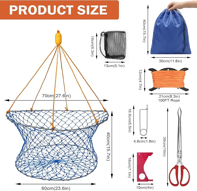 Collapsible Crab Trap Foldable Double Ring Crab Trap,Stainless Steel Ring Crabs Net Portable Crabbing net Set for Easy Storage with 100ft Rope,Bait Bag, Clip,Gauge for Dungeness, Rock and Blue Crabs