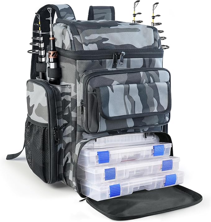 Fishing Tackle Backpack With Rod Holders,45L Large Tackle Bag & Fishing Tackle Backpack for Fishing,Camping, Hiking,Camouflage Gray