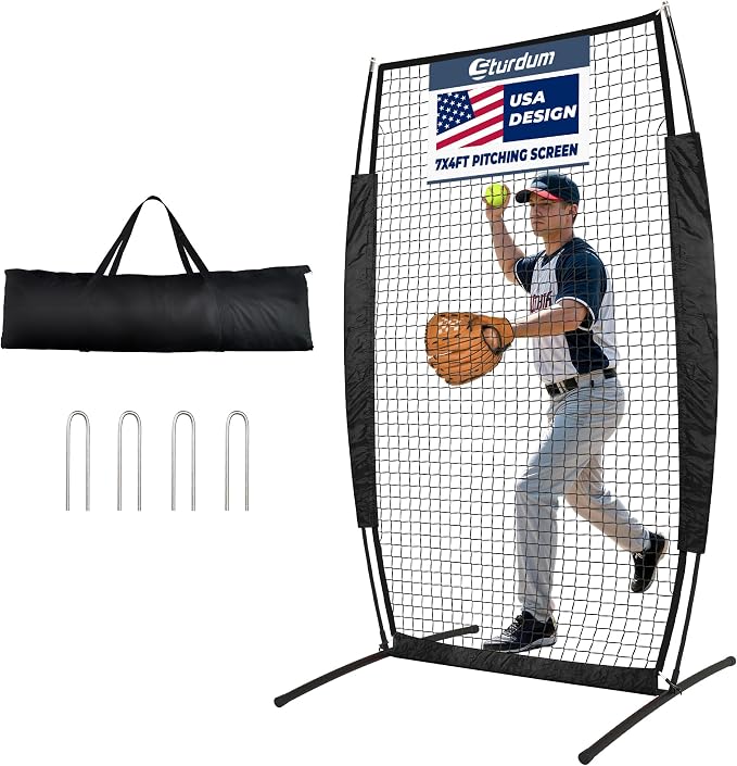 7x4FT Baseball Pitching Screen, Quick Setup Pitching Net for Pitchers Protection, Portable Baseball I Screen for Fields Batting Cages with Carry Bag