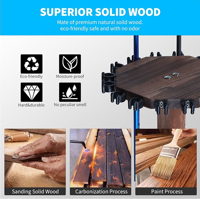360° Rotating Natural Wood Fishing Rod Holder, Round Floor-Standing Fishing Rack Stores 16 Rods, Fishing Pole Storage Organizer for Garage, Basement, or Shed, Easy to Install