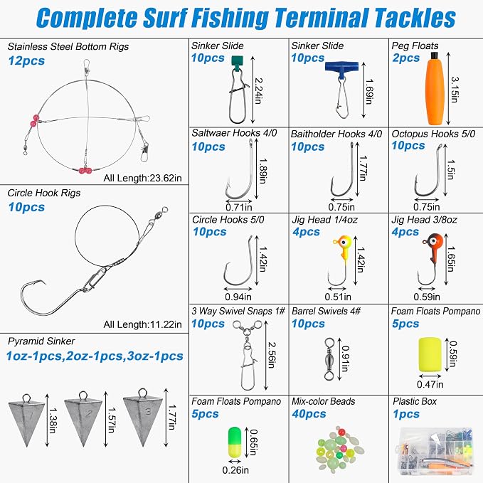 SILANON Saltwater Surf Fishing Tackle Kit,174pcs Ocean Saltwater Fishing Gear Surf Fishing Rigs Saltwater Lures Bucktail Jigs Pyramid Sinkers Fishing Floats Hooks Swivels Surf Fishing Accessories