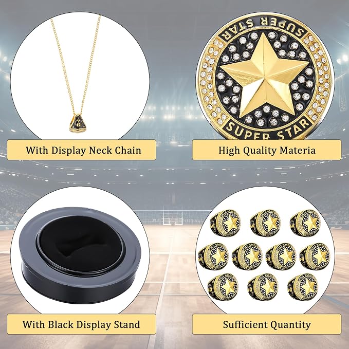 Highergo 10 Pcs Basketball Softball Baseball MVP Dancer Champion Trophy Ring with Display Stand Star Football Soccer Volleyball Golf Cheerleading Bowling Track Field