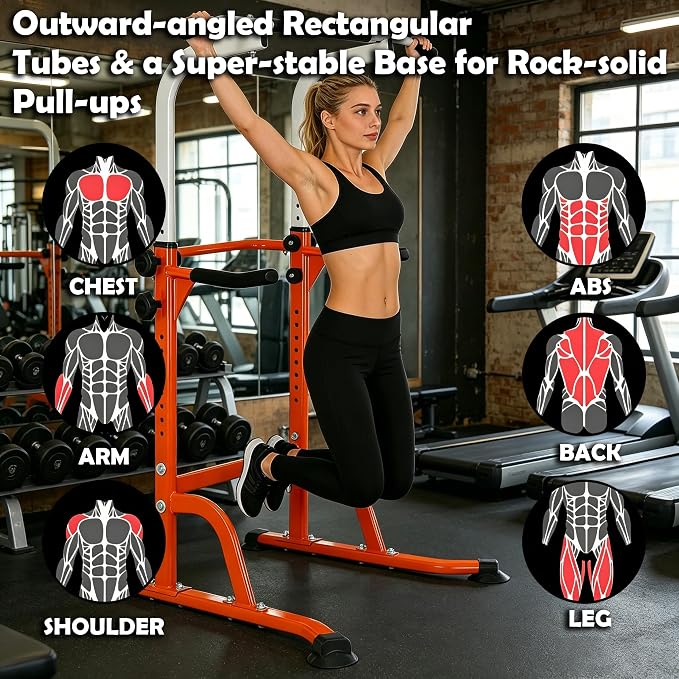 Power Tower Pull Up Bar and Dip Station, 11-Height Adjustable Pull Up Bar Station for Home Gym, Multi-Function Strength Training Fitness Equipment for Pull Ups, Dips, Push Ups & Knee Raises