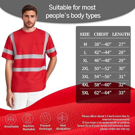 sesafety Safety Reflective Shirtst, Class 2 High Visibility Shirts for Men Construction Work Mesh Short Sleeve Red 6XL