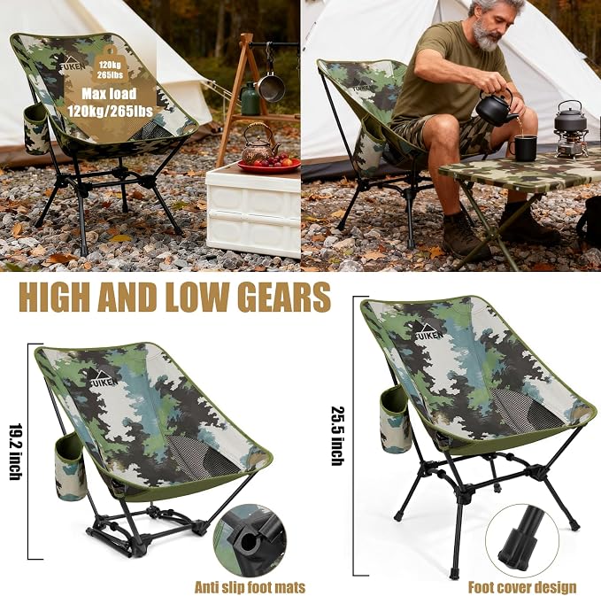 Ultralight Camping Chair Backpacking Chair, Portable Camp Chair with Cup Holder & Storage Bag, Lightweight Compact Folding Chair for Hiking, Travel, Picnic Mountaineering (Camo)