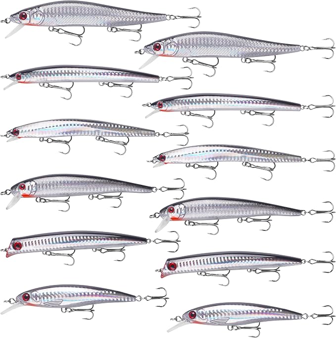 Saltwater Fishing Lures Kit, 6/12pcs Striped Bass Lures Surf Fishing Minnow Lures Deep Diving Jerkbait Popper Plugs Crankbait Fishing Tackle