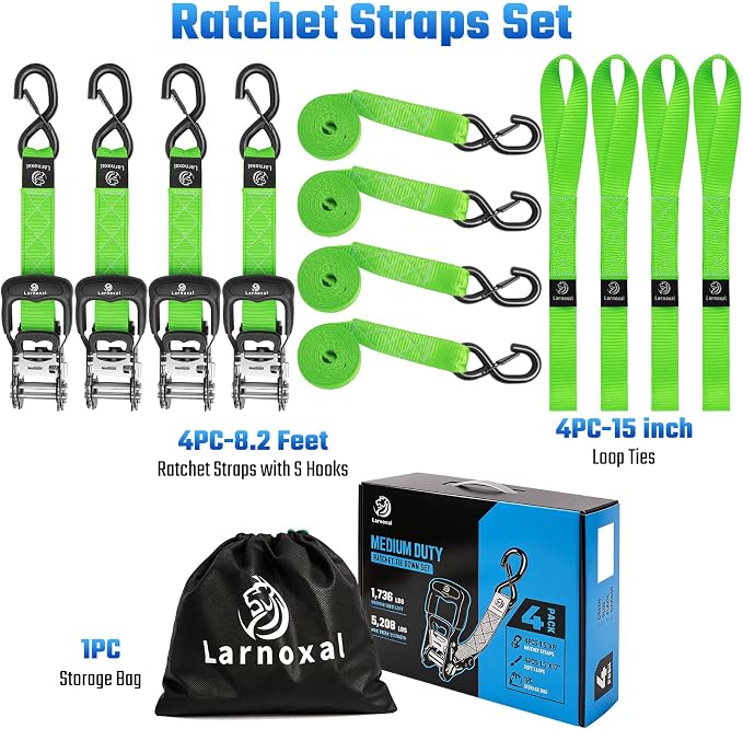Ratchet Straps, 1.5 inch x 8.2 ft(4 Pack) Heavy Duty Tie Down Straps, Ratchet Tie Down Straps with Soft Loops-5,208 lbs (Green)