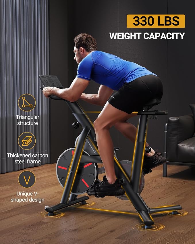 Merach Exercise Bike, Magnetic Friction Stationary Bike with Brake Pad and Exclusive App, Low Noise Indoor Cycling Bike with 300lbs Weight Capacity, Tablet Mount and Fitness Courses for Weight Loss