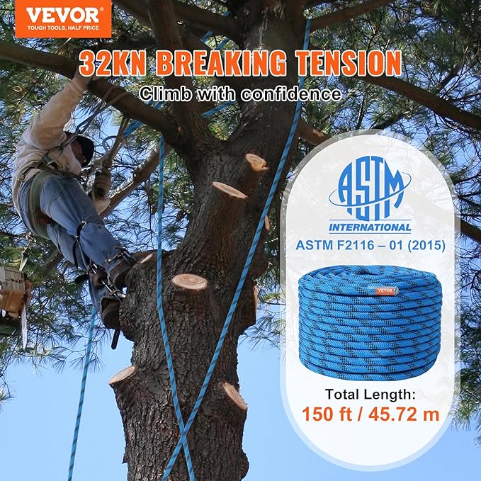 VEVOR 12.7mm Static Climbing Rope, 45.7M(150ft) Outdoor Rock Climbing Rope 30KN Breaking Tension, Fiber Rope for Escape, Rappelling, Fire Rescue, Blue