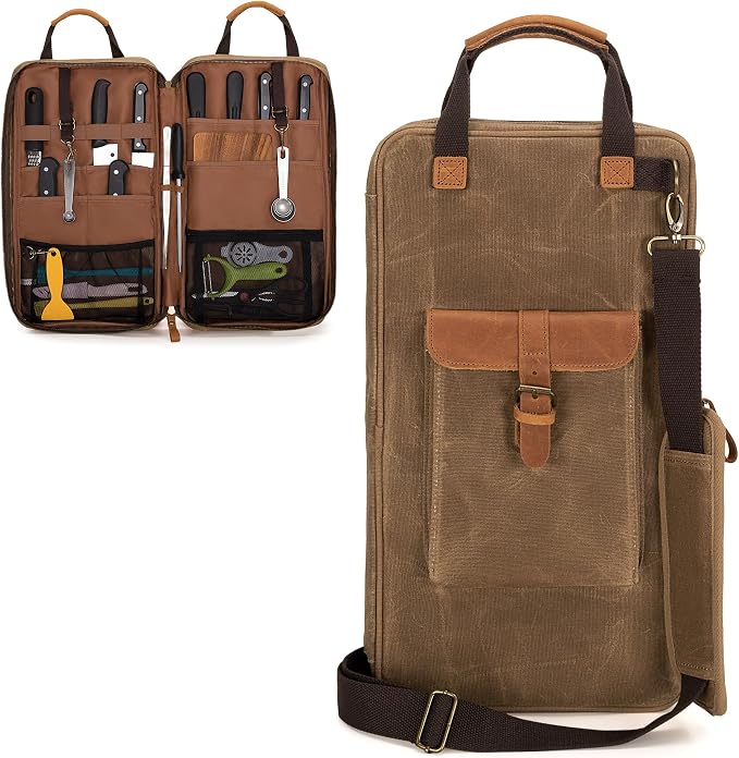 Damero Chef Knife Bag, Waxed Canvas Chef Storage Bag with 11 Slots and 2 Mesh Pockets, Knife Carrier Travel Knife Bag with Top Handles and Detachable Shoulder Strap for Kitchen Tools & Chef Utensils