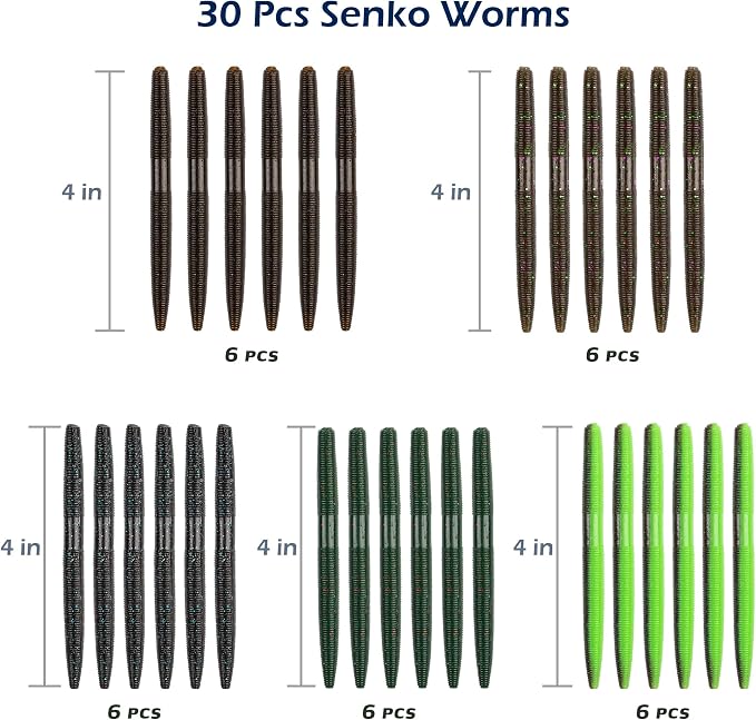 4"/5" Senko Worms Kit, Salt Impregnated Soft Plastic Lures | 30/50/78/100 Wacky Worms for Bass Fishing, Freshwater & Saltwater Applications,Artificial fishing bait