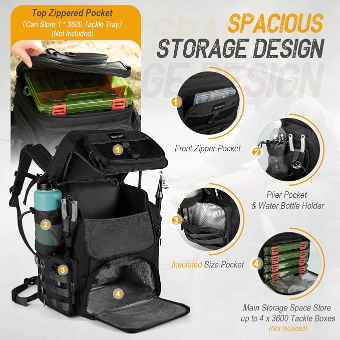 Goture Fishing Backpack, 900D Water-Resistant Tackle Bag with Rod Holders, Insulated Cooler Compartment, 55L Large Capacity Fishing Gear Storage for Saltwater&Freshwater Camping Hiking,Gifts for Men