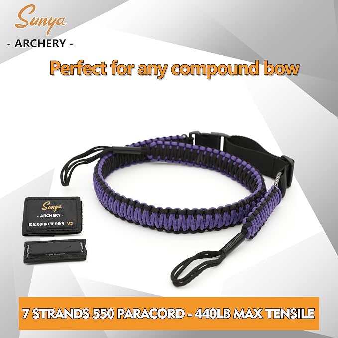 SUNYA Paracord Compound Bow Sling with V2 Upgraded Magnetic Connection System. Lightweight Hands Free Shoulder Carrying Sling for Bow Hunting, Field Archery and 3D