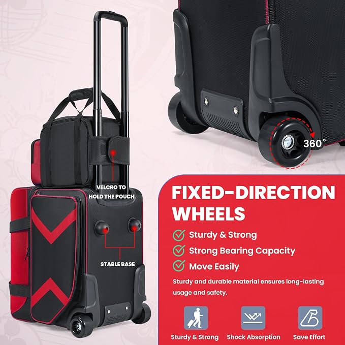 3 Ball Bowling Bags with Wheels and Shoes Compartment, Roller with Multipocket, 2 Ball Bowling Roller Bag + 1 Ball Color Matching Add On Tote (Red-Black)
