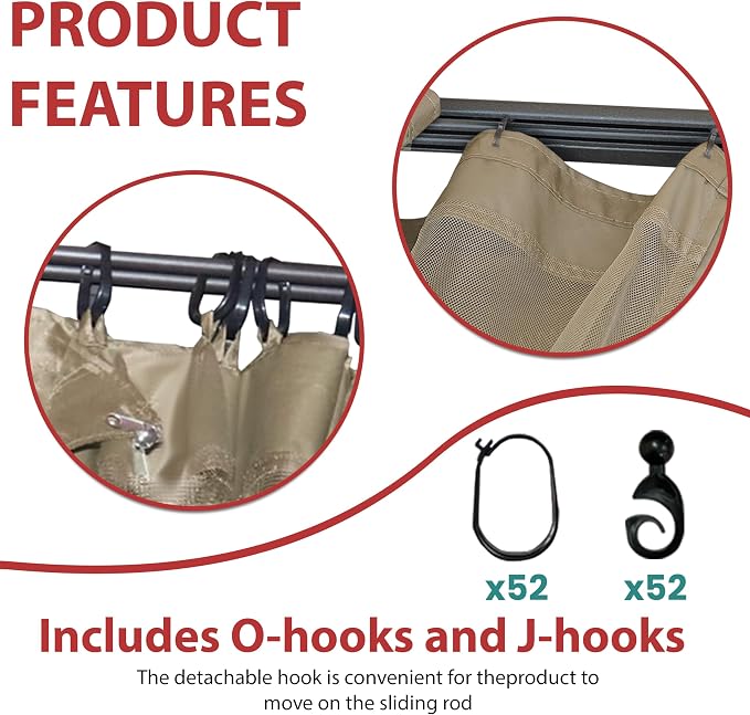 Coastshade Gazebo Canopy Mesh Walls Replacement 10x12 Gazebo Pergola Mosquito Screen Netting for Gazebos with 52Curtain Rings & 52Rail Hooks,Khaki