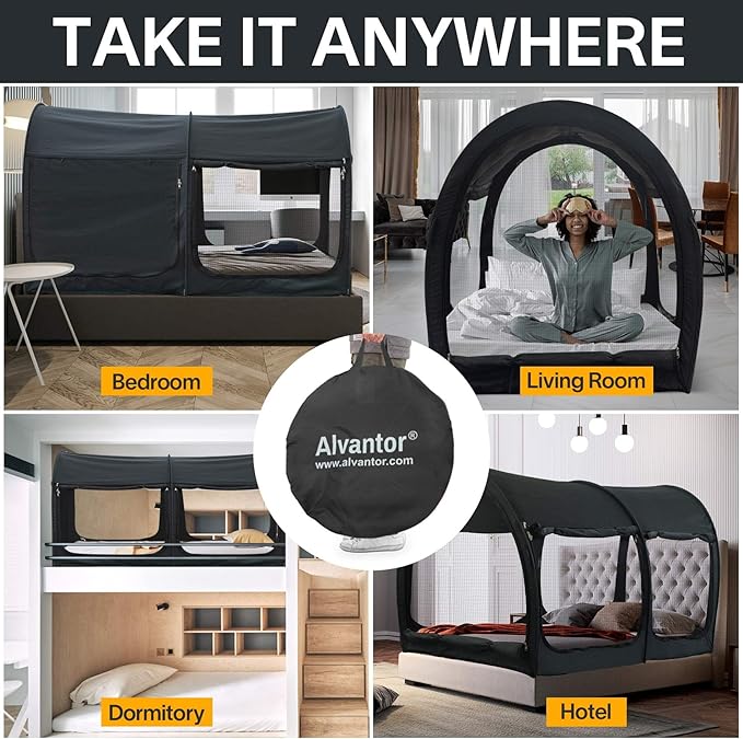 Alvantor® Bed Canopy Bed Tents 2-in-1 Dream Tents Privacy Space Twin Size Sleeping Tents Indoor Pop Up Portable Frame Curtains Breathable Gray Cottage Reducing Light & Air Ventilation