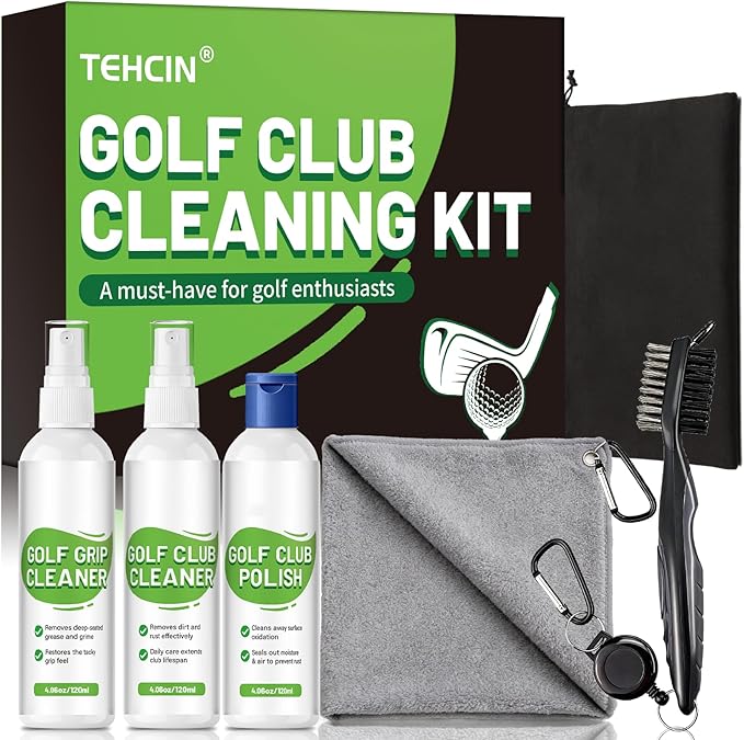 Pro Golf Club Cleaning Kit – Cleaner, Polish, Grip Cleaner, Brush, Towel & Bag | Restores Irons & Drivers, Removes Rust & Scratches, Renews Grip | Golf Gifts for Men