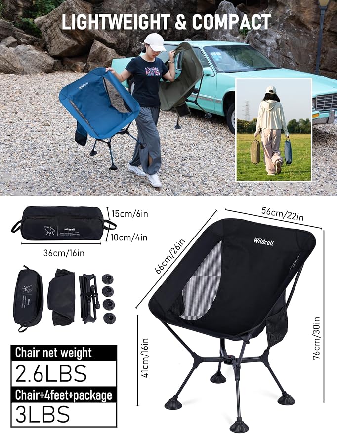 WildCall Lightweight Folding Camping Chair Quick Setup Frame Beach Chair Compact Backpacking Chair with Anti-Sink Feet