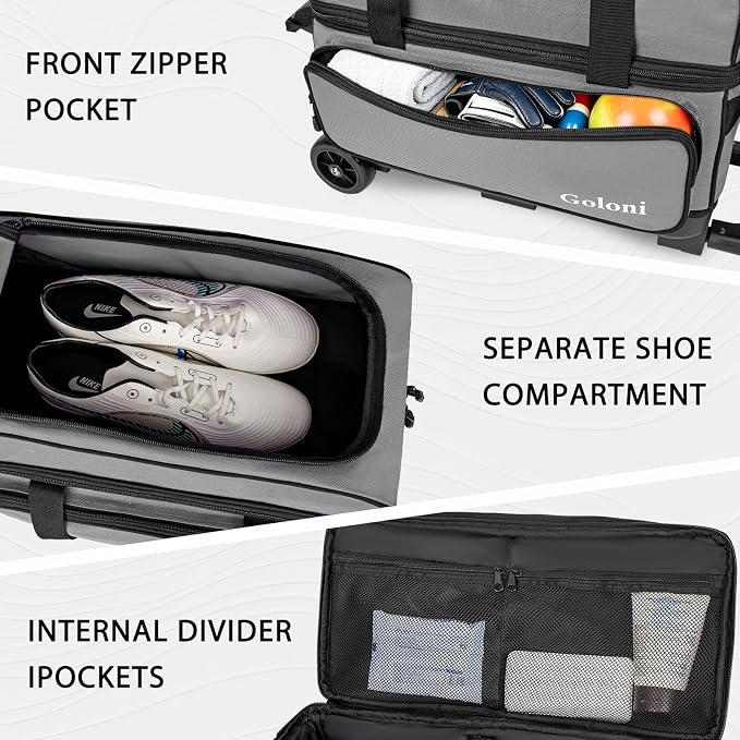 Goloni Double Roller 2 Ball Bowling Bag with Separate Shoe Compartment,2 Ball Bowling Bag with Wheels,Retractable Handle Extends to 40"