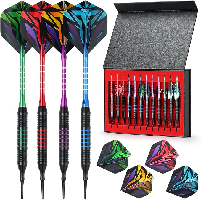 Soft Tip Darts Set with Gift Box Dart Case Professional Darts Plastic Tip with 100 Dart Tips 12 Shafts 24 Flights Tool Kit Flight Protectors for Electronic Dart Board
