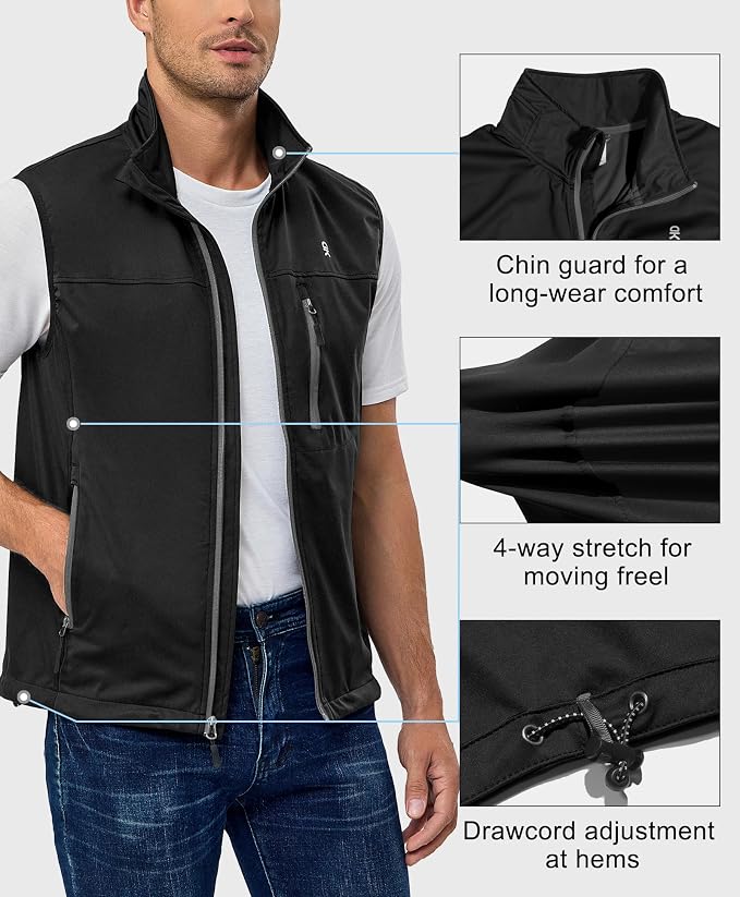 Little Donkey Andy Men's Lightweight Softshell Vest, Windproof Sleeveless Jacket for Running, Hiking, Cycling, Golf