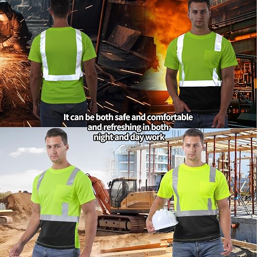 sesafety 3PACK High Visibility Shirts for Men, Class 3 Hi Vis Reflective Construction Shirts for Men with Pocket Safety T Shirts