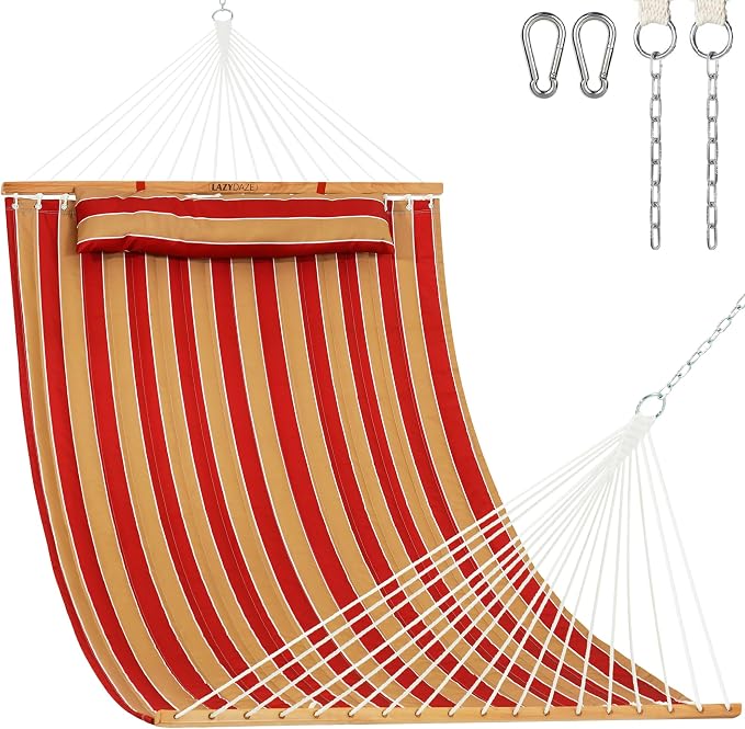 Lazy Daze Hammocks Hammock Quilted Fabric with Pillow for Two Person Double Size Spreader Bar Heavy Duty Stylish, Red & Tan Stripe