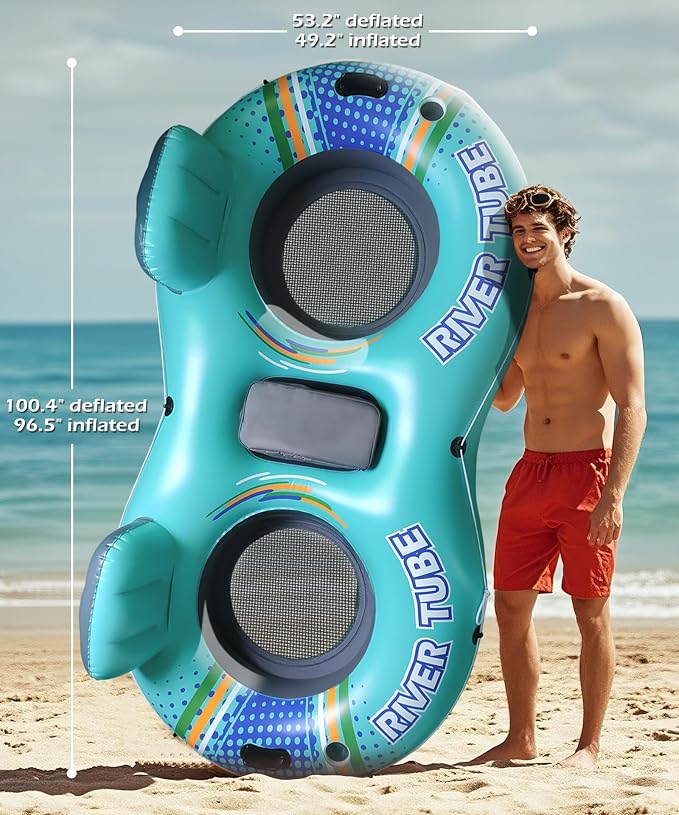 Jasonwell Heavy Duty 2 Person Inflatable River/Pool Tube Float with Removable Cooler, Tubes for Lake, Floating River Raft Lounge Floatie with 2 cup Holders For Adults, Cyan
