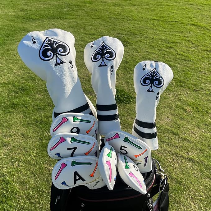 Ace Wood Club Headcover - 3pcs or 1pc - Driver/Fairway Woods/Hybrid Rescue - White Leather Golf Club Cover