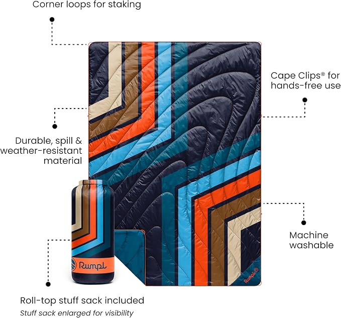 Rumpl Original Puffy 1-Person Blanket for Camping and Outdoors, Midnight Retro Stripes