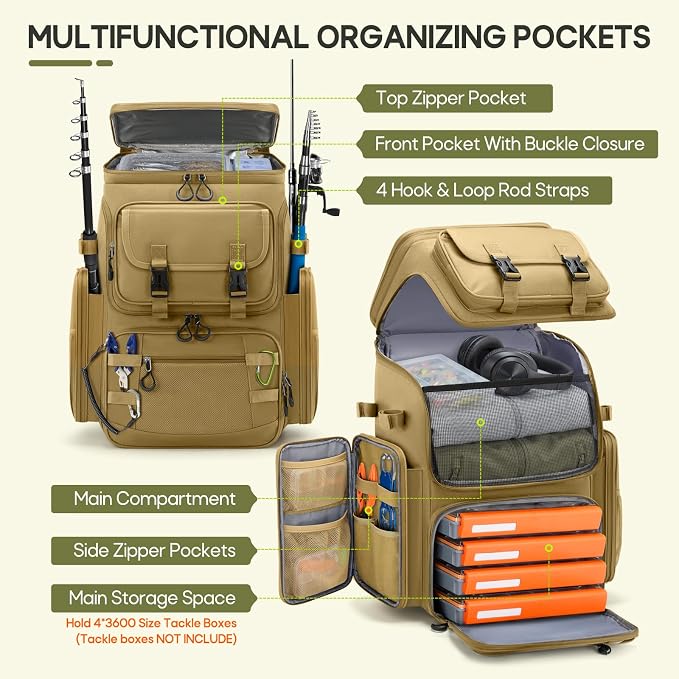 RAINSMORE Fishing Backpack, 45L Large Fishing Bag with 4 Rod Holders & Insulated Cooler Professional Fishing Tackle Backpack with Rain Cover Waterproof Tackle Bag for Men Gift, Khaki