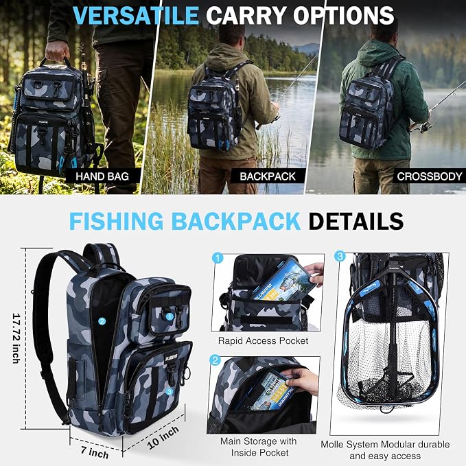 PLUSINNO Fishing Backpack with Fishing Gear, Tackle Box, Fish Accessories & Tools, Waterproof Sling Tackle Bag with Rod Holders, Lures for Freshwater/Saltwater, Fishing Gifts for Men