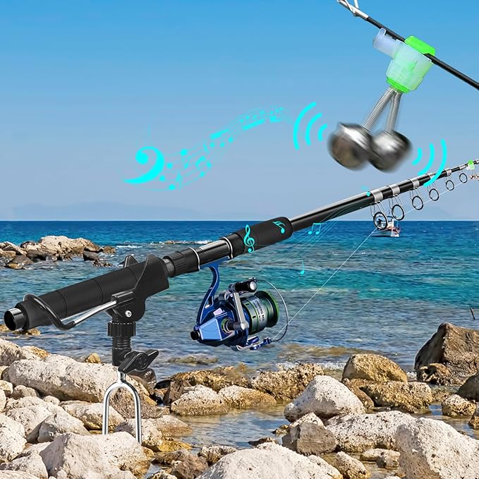 Aluminum Bank Fishing Rod Holder with 10 Fishing Bells - Heavy Duty Ground Spike Fish Pole Stand Rack for Shore, Surf, Beach Fishing - Great for Men