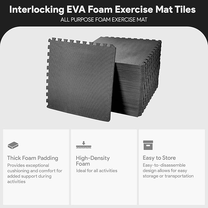 BalanceFrom Puzzle Exercise Mat 1/2" Thick, EVA Interlocking Foam Floor Tiles for Home Gym, Mat for Home Workout Equipment, Floor Padding for Kids, Black, 24 in x 24 in x 1/2 in, 144 Sq Ft - 36 Tiles