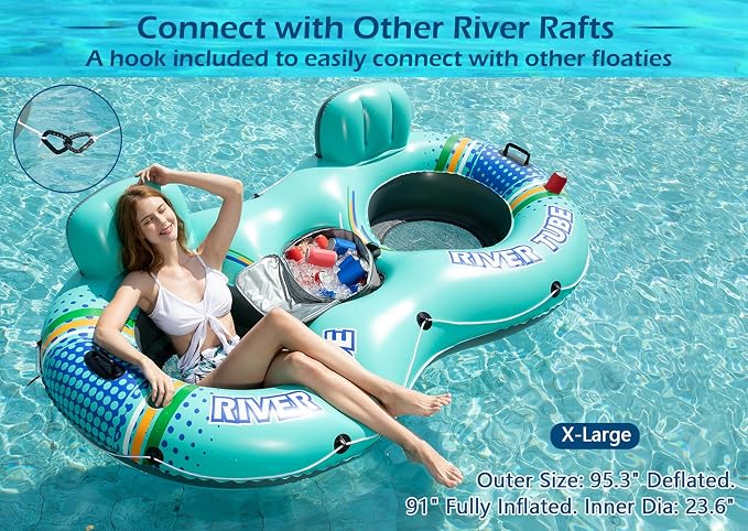 Jasonwell Heavy Duty 2 Person Inflatable River/Pool Tube Float with Removable Cooler, Tubes for Lake, Floating River Raft Lounge Floatie with 2 cup Holders For Adults, Cyan