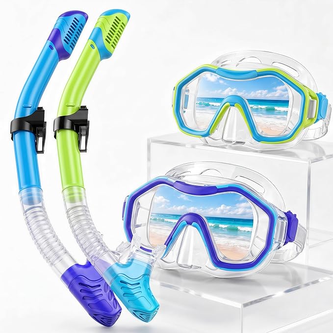 Snorkeling Gear for Adults Kids, Dry-Top Snorkel Set, 180°Panoramic Wide View Diving Mask Breathing Freely Snorkel Mask for Snorkeling Scuba Diving Swimming Travel