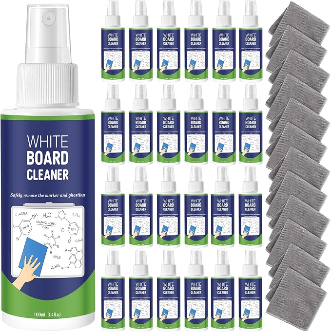 Loopeer 32 Pack Whiteboard Cleaner Spray 3. 4 oz Dry Erase Board Cleaner with Cloths Non Toxic Dry Erase Cleanning Removes Stubborn Marks from Whiteboards